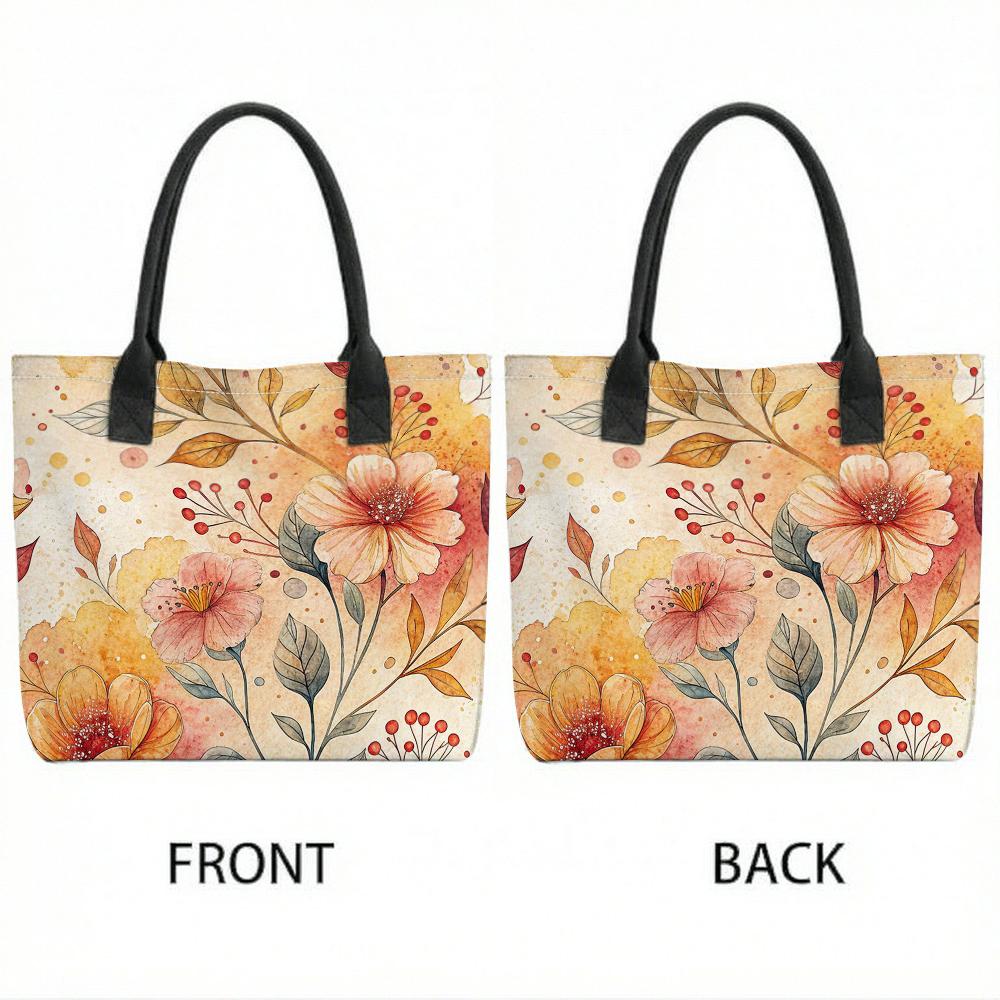 Watercolor Floral Print Canvas Tote Bag Fashion Casual Large Capacity Women Shoulder Handbag