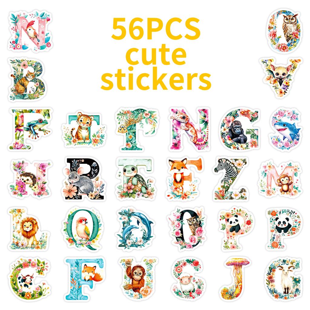 56PCS Cute Animal Flower Letter Stickers Watercolor Creative English Letter Decorative Stickers