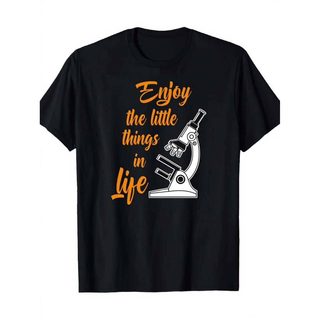 Microscope Graphic Tee Enjoy The Little Things Science Print Breathable Cotton Short Sleeve T-Shirt Daily Wear