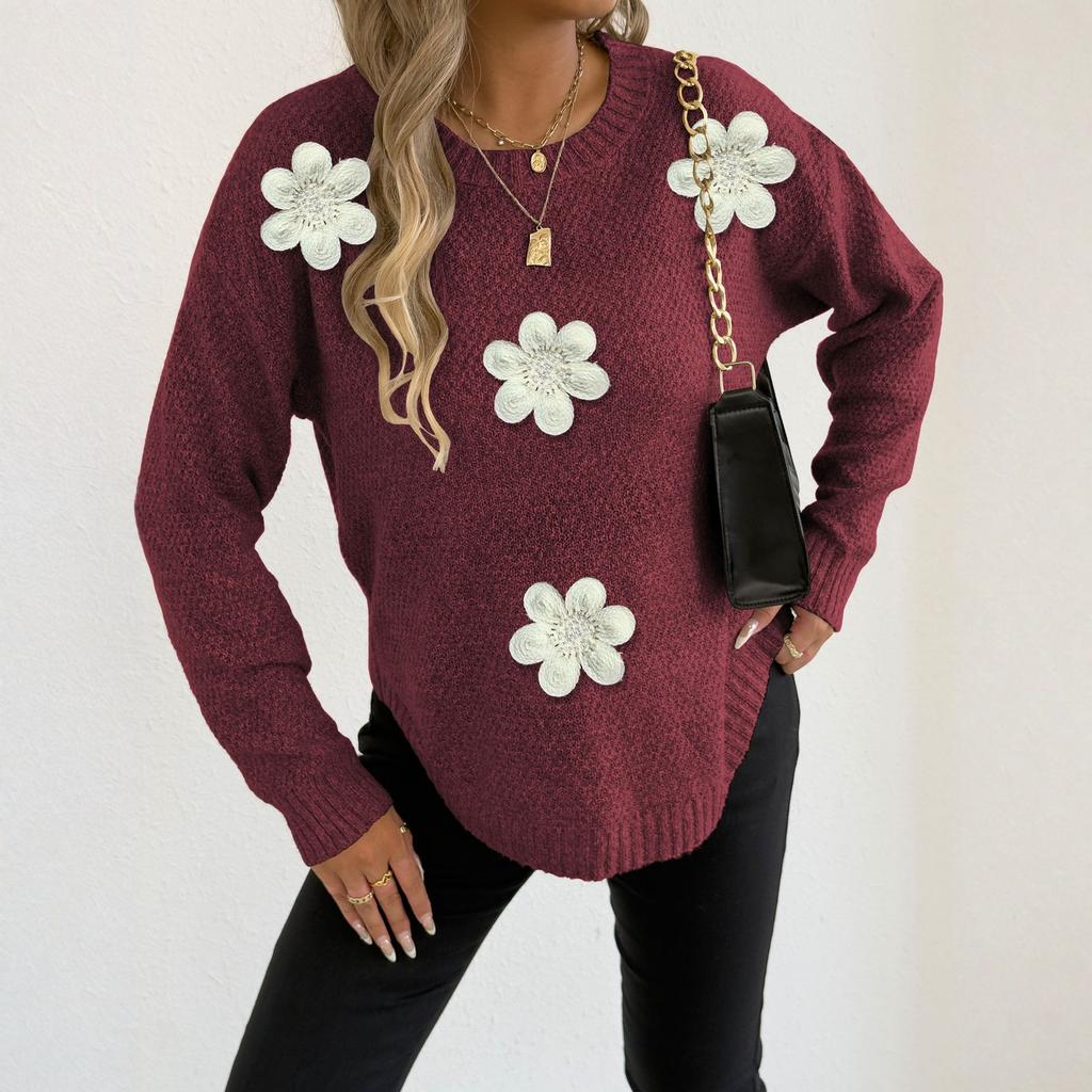 Women's T-Shirt Vintage Floral Print Round Neck Loose Long Sleeve Mid-Length Thumb Leak Top