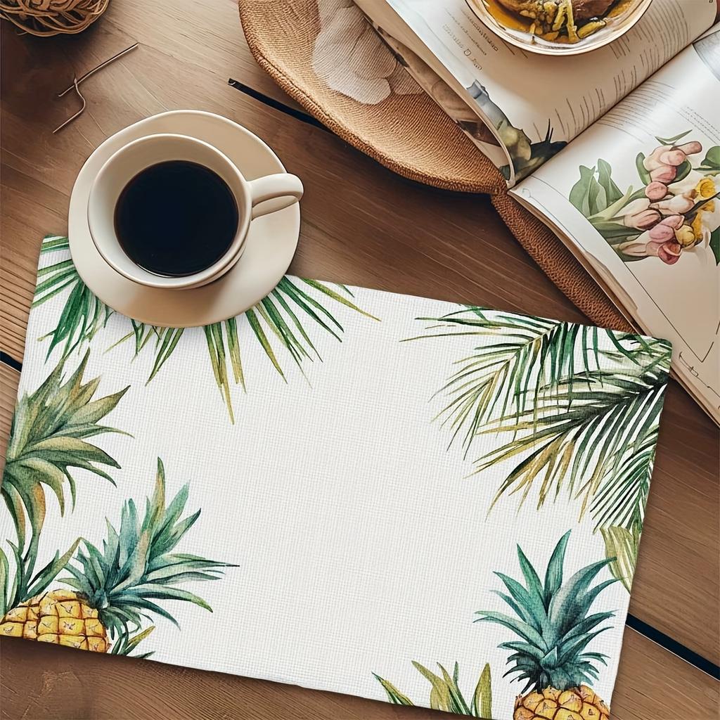 4pcs Pineapple Leaf Illustration Placemats, Durable Polyester Rectangular Table Mats, 12" X 18", Ideal for Dining, Kitchen, Party Decor, Home Accents