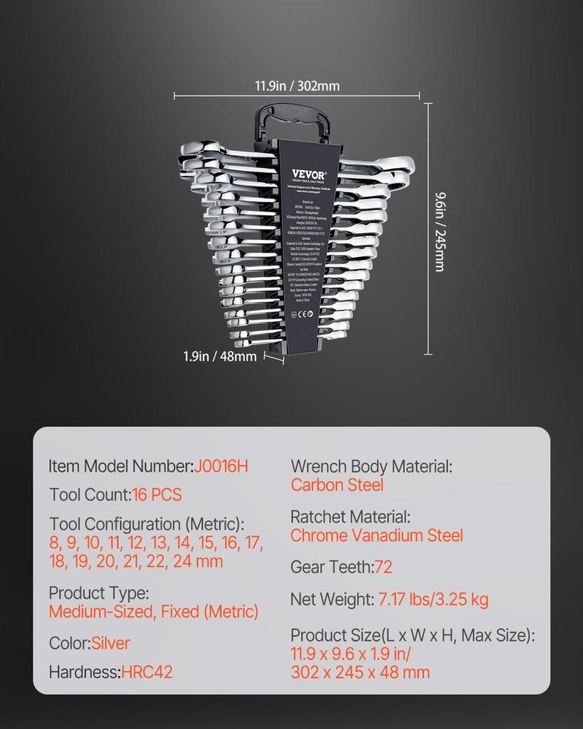 Combination Wrench Set 16-Piece Metric 8 Mm To 24 Mm with Organizer Rack