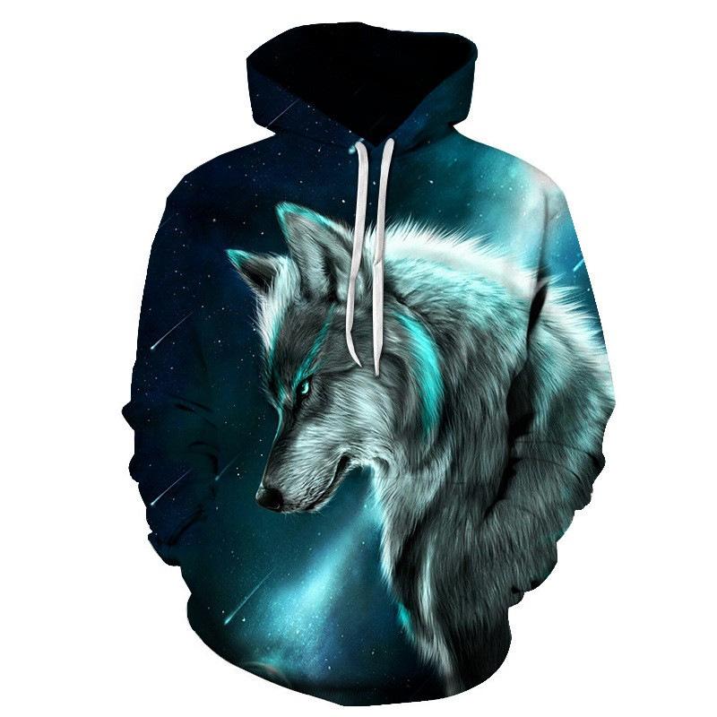 Sudadera con capucha informal con estampado digital 3D de lobo y animales para hombre