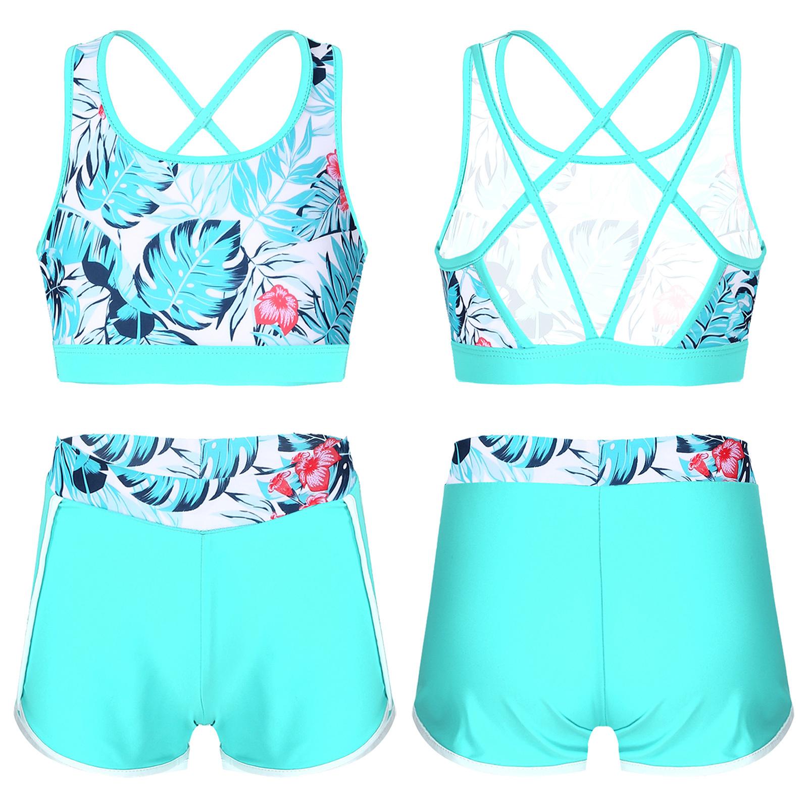 

Детский купальник с принтом для девочек, комплект из 2 предметов, укороченный топ без рукавов с бретелями на спине и шорты, комплект спортивной одежды, купальный костюм 15-16 Years озеро зеленый