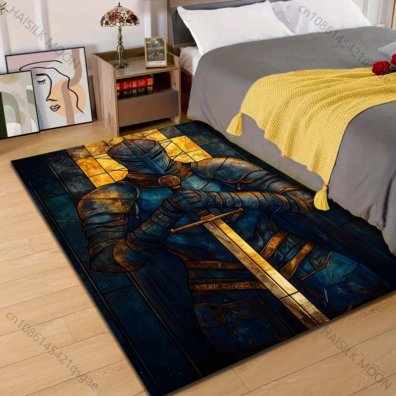 

1PC Blue armored knight with sword Print Carpet Rug for Living Room Bedroom Sofa Doormat Home Decor Non-slip Floor Mat 40x60cm