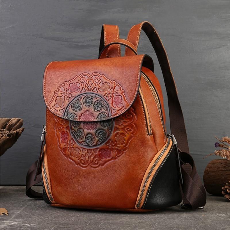 Johnature Retro Handmade Totem Embossed Genuine Leather Backpack Women Bag Large Capacity Cowhide Bagpack Travel Bags