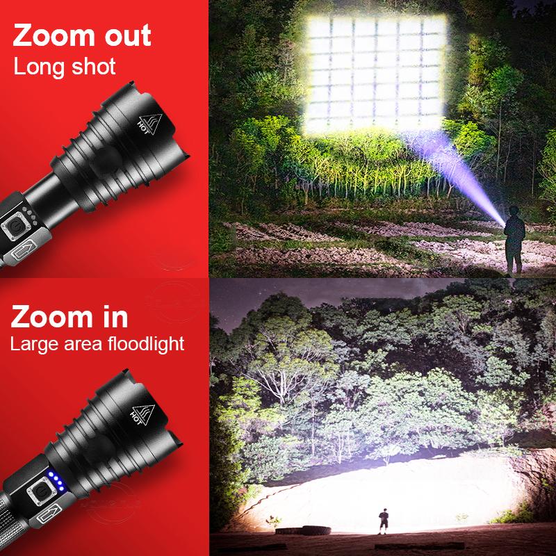 100000LM Flashlight XHP360 Torch Self-protection Lantern Zoomable Lamp Waterproof Flash Light Long Straps Portable Torch Light