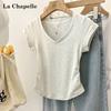 La Chapelle Pleated V-neck Puff Sleeve T-shirt