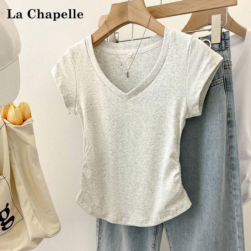 La Chapelle Pleated V-neck Puff Sleeve T-shirt