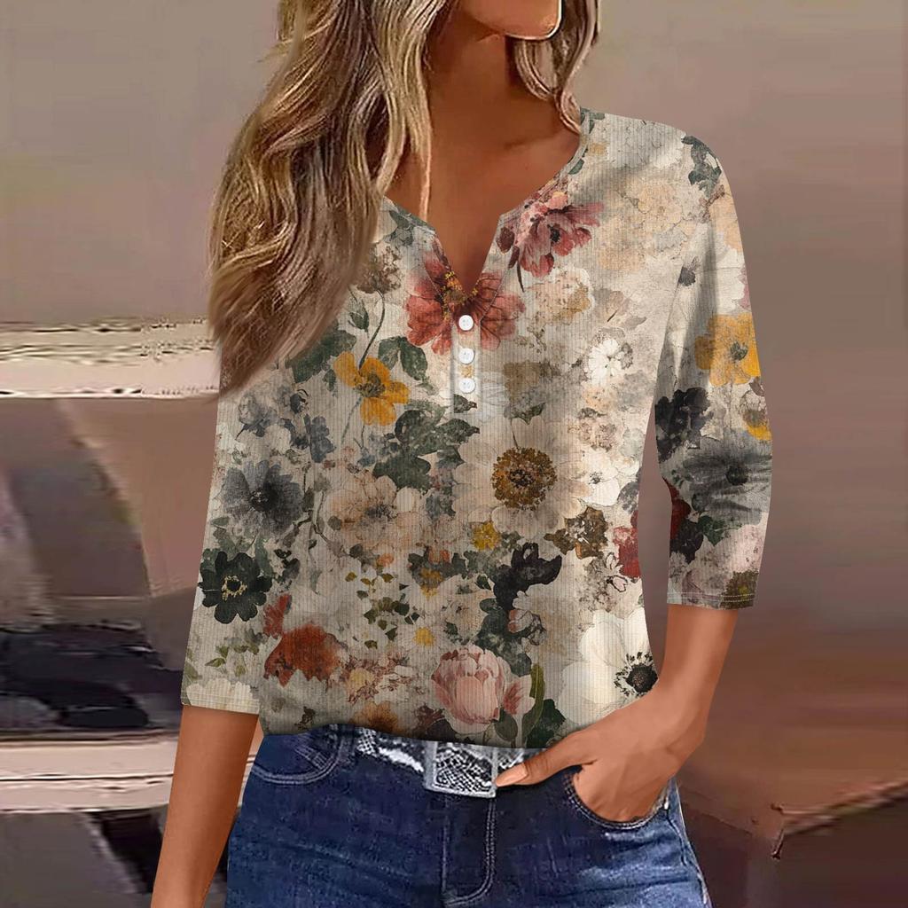 Women's T Shirt Tee Print Button 3/4 Sleeve Tunic Daily Weekend Fashion Basic V- Neck Regular Top