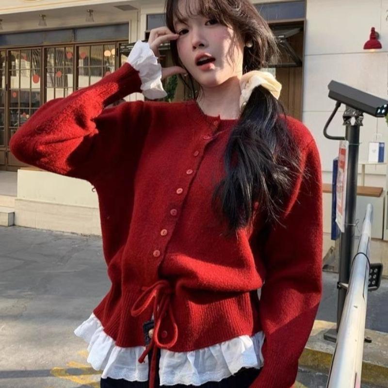 Ruffled Patchwork Women's Cardigan Solid Color Round Neck Waist Drawstring Long Sleeved Knitwear Korean Version New Style Sweet Lady Top