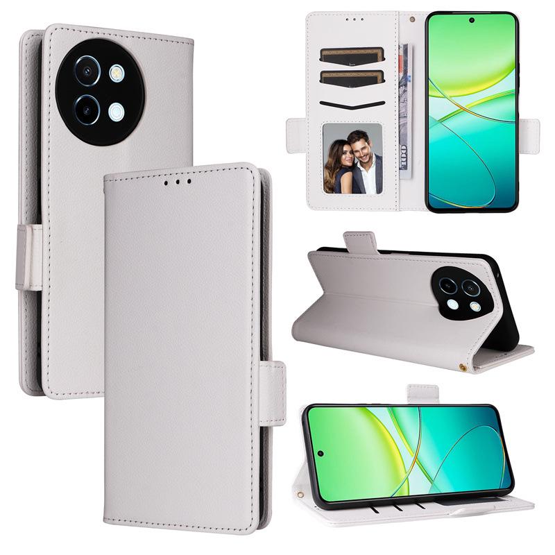Compatible Leather Flip Case with Card Slot & Lanyard for VIVO Y38/Y58/Y200i 5G; Lychee Grain Design.