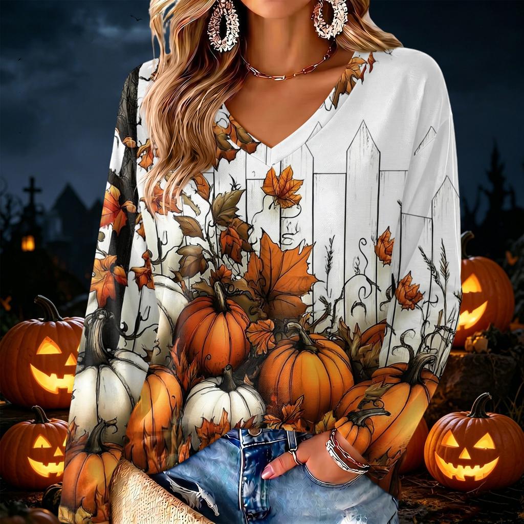 Women's V-Neck Long Sleeve Lightweight Halloween Print Blouse for Casual Wear