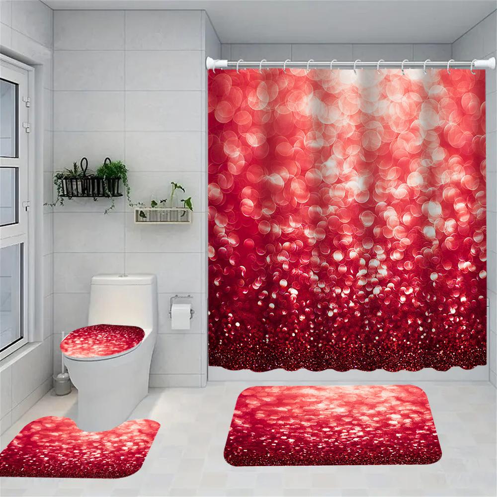 1/4 Red Bubble Circle Shower Curtains, Toilet Seat Decoration, Shower Curtain With Carpet And Toilet Lid, 12 70.8X70.8 Inch Hook