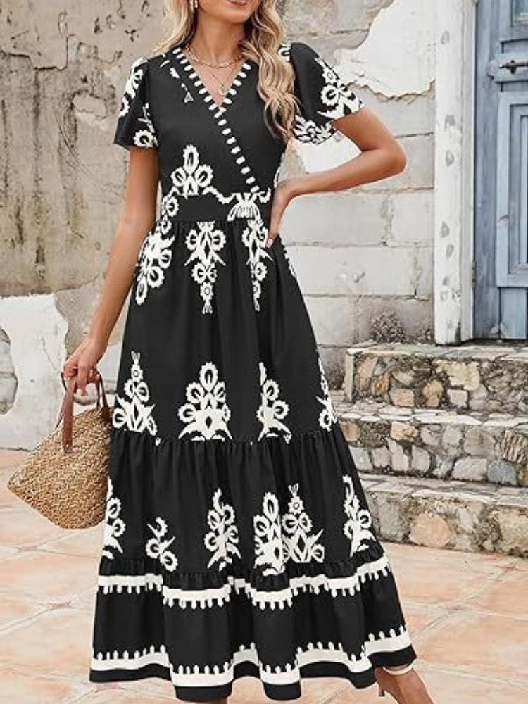 V-Neck Embroidered Flared Sleeve Maxi Dress with Layered Ruffle Hem and Fringe Detail S чёрный