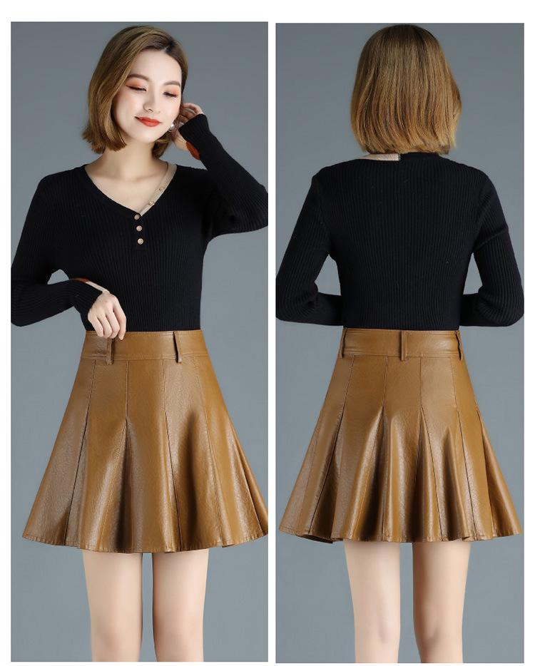 2022 High-Waisted A-line PU Faux Leather Pleated Skirt - Autumn/Winter Women's Stylish Short Umbrella Skirt