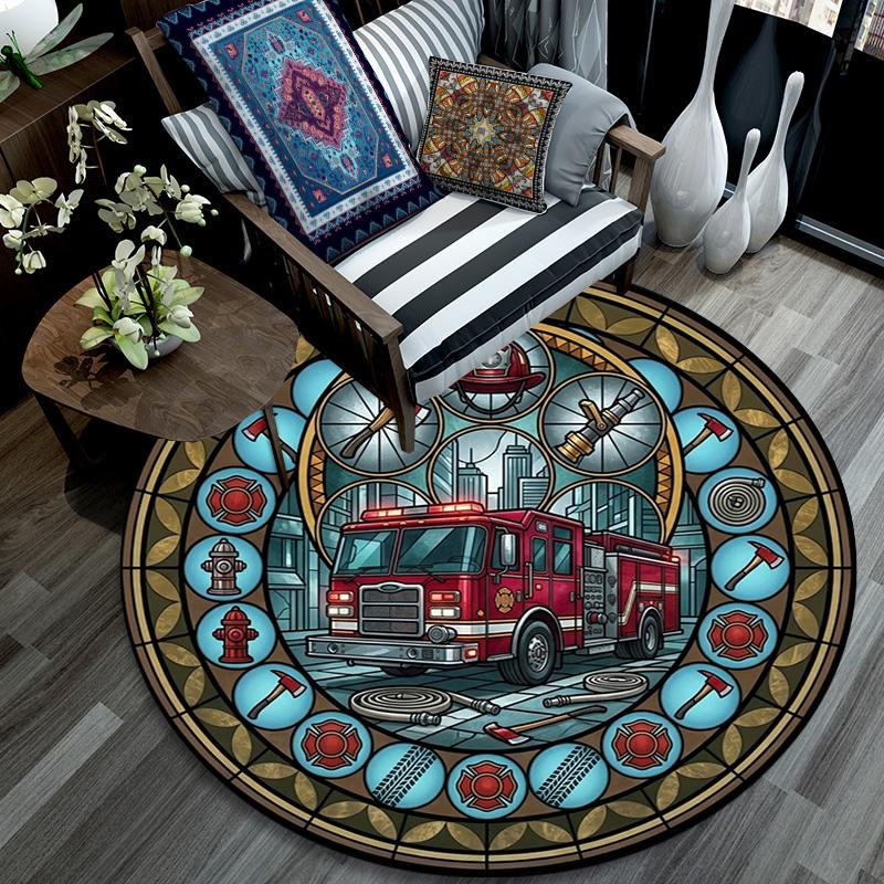 Fire Truck Glass Round Area Rug Under Office Chairs Bedroom Living Room Home Decor 80cm x 80cm