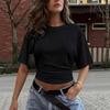 Women Y2k Solid Color Crew Neck Batwing Cinched Waist Loose Short Sleeve T Shirt