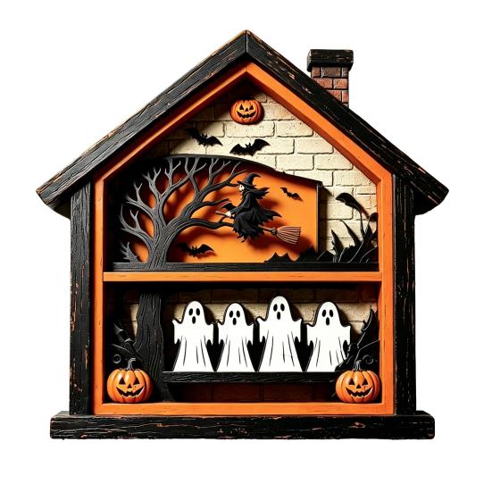 Halloween Wooden Table Sign, Spooky House Shape Ghost Skeleton Block Sign, Rustic Farmhouse Tiered Tray Centerpiece for Shelf Desk Mantel Tabletop B