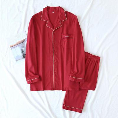 Yeni ilkbahar ve sonbahar çift örgü pijama, uzun kollu pantolon, iki parça %100 pamuklu kırmızı erkek ev giyim takımı