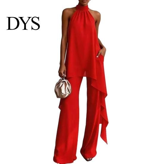 Comfortable Women Outfit Women's Chiffon 2 Piece Sets, Asymmetrical Halter Sleeveless Tops with Plus Size Casual Suit Wide Leg Pants Summer