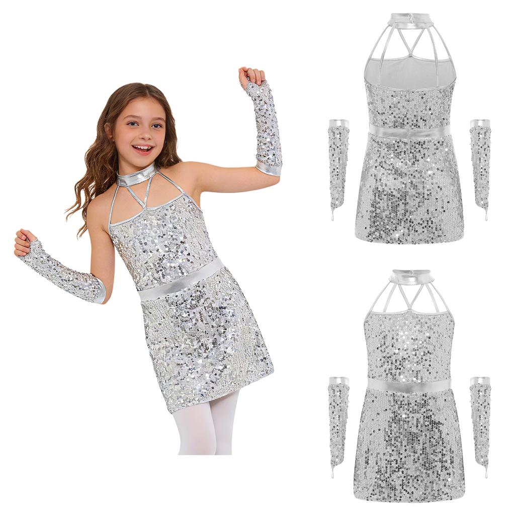 Kids Girls Jazz Dance Halter Dress Sleeveless Strappy Back Invisible Zipper Sparkling Sequins with 1 Pair Gloves for Stage Performance