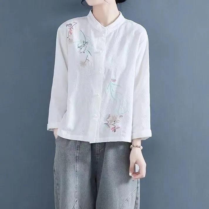 Elegant Women's Long Sleeve Cotton Linen Ramie Shirt - Light Luxury Plus Size, Slimming Design for Autumn & Winter