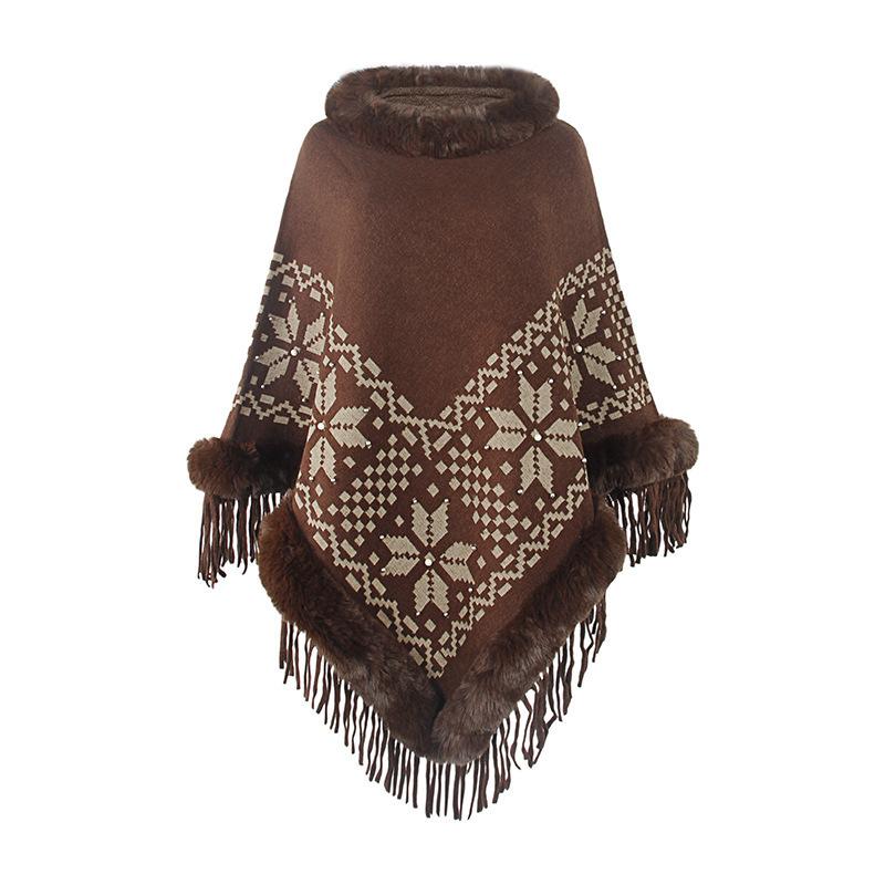Cape Shawl Knitted Shawl Fur Collar Beaded Fringed Hem Sweater Women