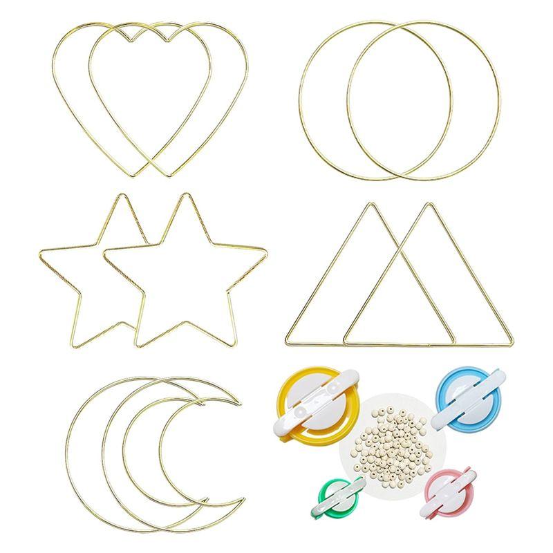 

AEE4-Dream Catcher Rings Set, Metal Hoops For Crafts, 6 Inches Macrame Rings Gold, 5 Shapes Metal Hoops 4 Size Pompom Makers