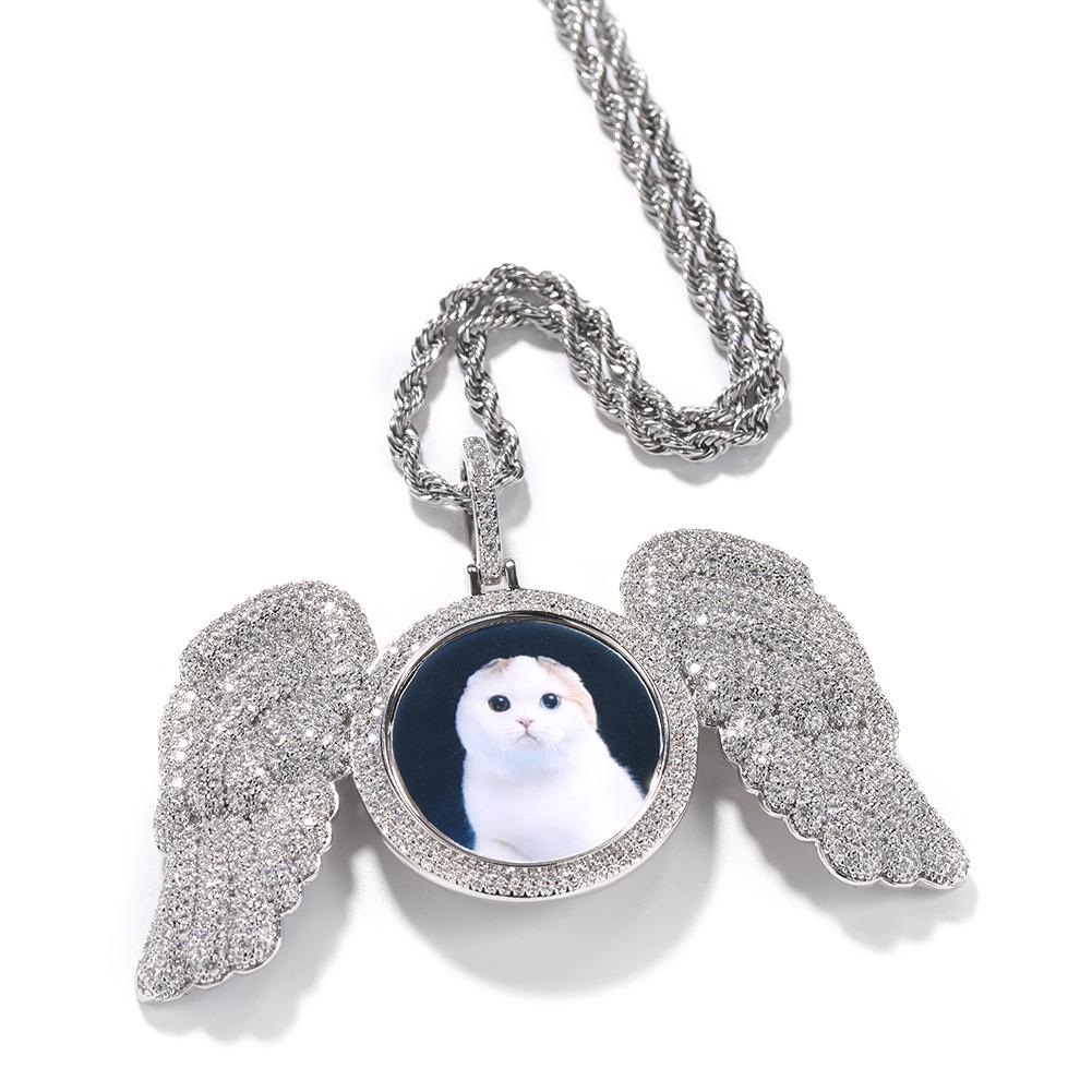 Cross-Style Rhinestone Wing Photo Frame Pendant Necklace - European American Hip Hop Fashion