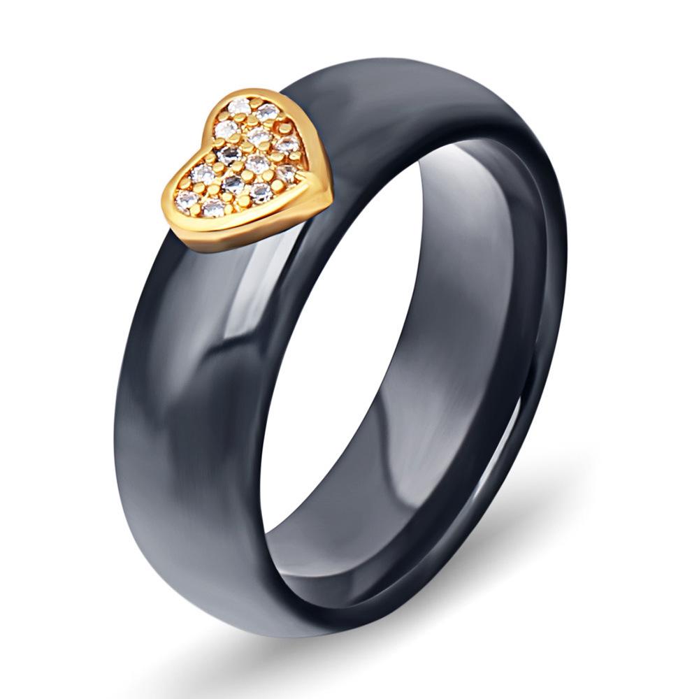 European and American Simple 6MM Ceramic Zircon Heart Black & White Couple Titanium Steel Ring Band