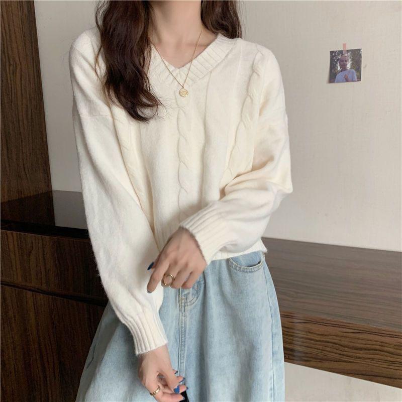 V-Neck Pullover Sweater Women's Solid Thread Woolen Long Sleeve Soft Spring Autumn Knitted Top