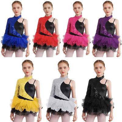 Mädchen Glänzendes Pailletten Tanzkleid Asymmetrische Ärmel Kontrastierender Tüllrock Leotard Bühnenkostüm