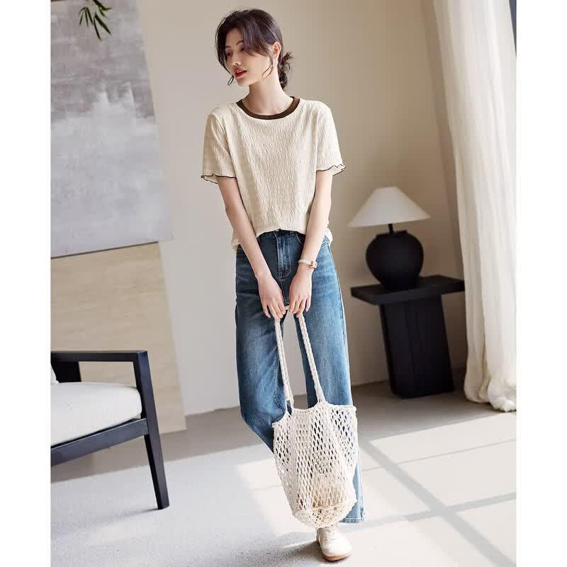 Women's Textured Ruffle Trim Color Block Slim Fit T-shirt