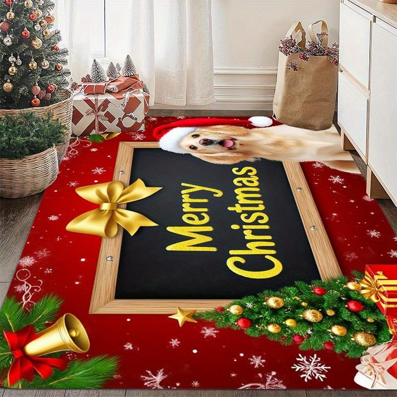 Golden Retriever Christmas Flannel Mat Carpet, Blackboard Blessing Design Pet Mat Non-Slip for Living Room Bedroom Office Decor