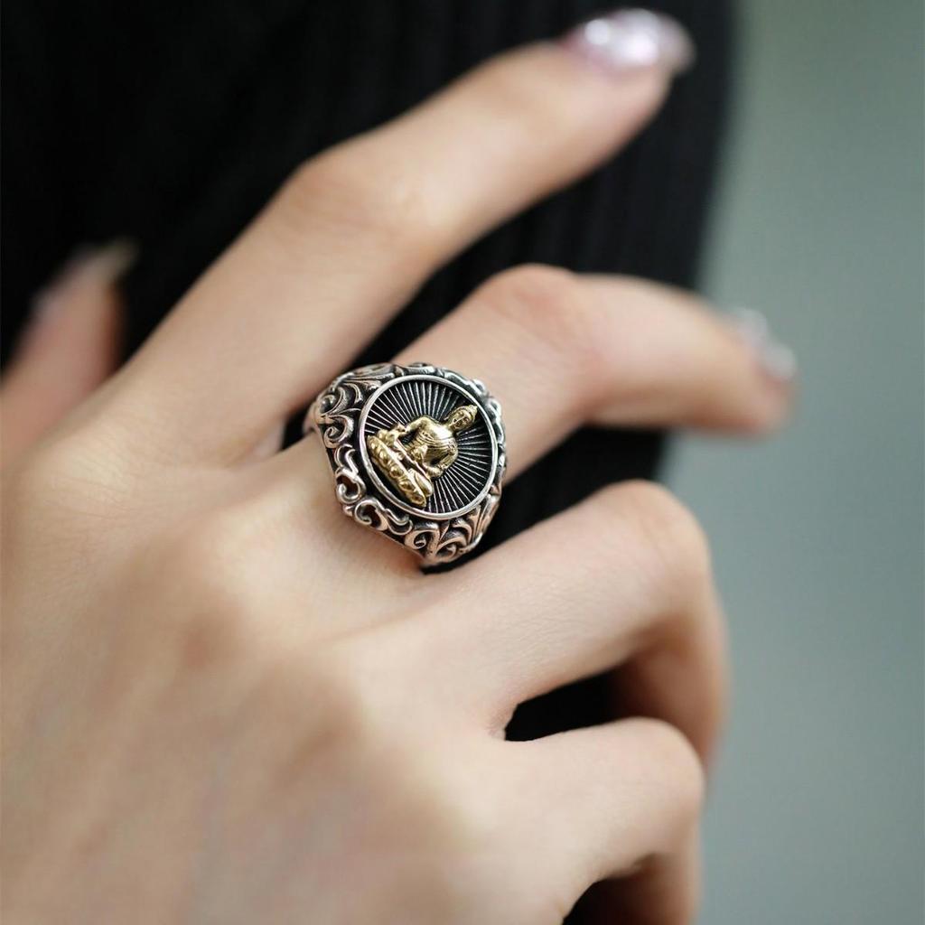 Women's Retro S925 Sterling Silver Buddha Ring, Heavy Craftsmanship, Aged Finish, High-End, Adjustable, Hand Jewelry