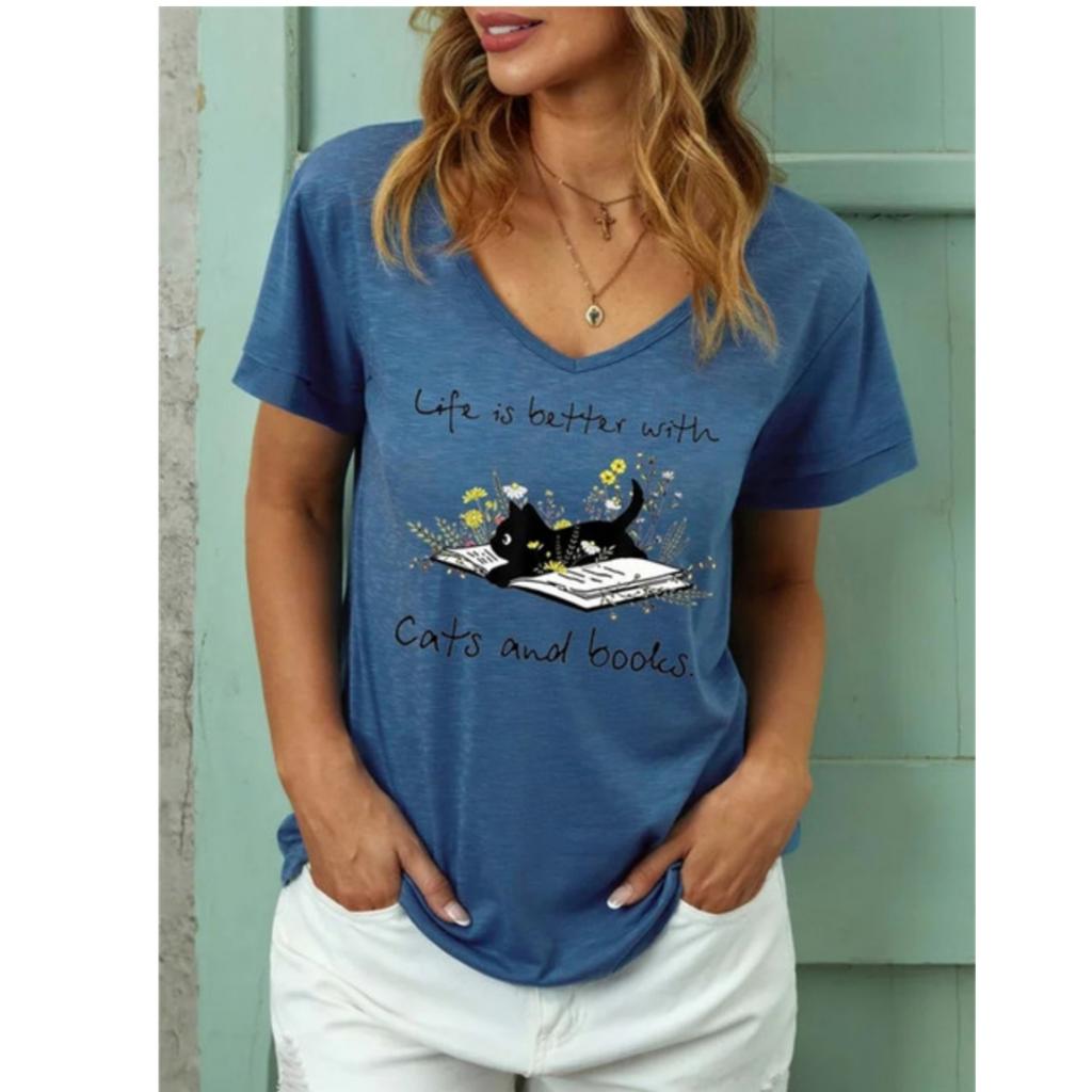 TShirt Women Summer Cute Cat Print V-Neck Sexy Polyester Harajuku Casual Pullover Cartoon Animals Female Streetwear Ladies Tops