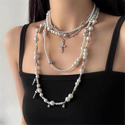 Tooxika Niche Design Cool Personality Cross Rivets Multi-element Stacking Pearl Necklace Light Luxury Sense Of High Class Collarbone Chain