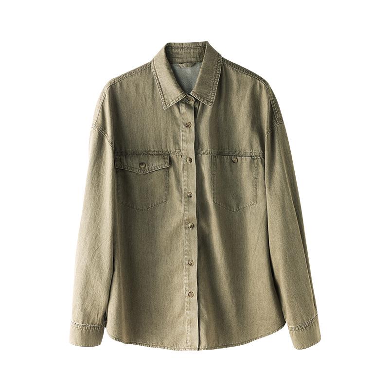 

Xin Ge Женская рубашка из тенселя и льна, потертый деним, рабочая одежда с несколькими карманами. S зелёный
