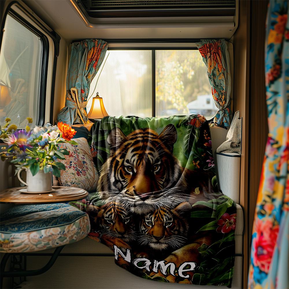 Tiger Family In Lush Jungle Garden Blanketcustomizable With Your Namecomfortable And Stylish Perfect For Travel Beds Chairs Offices Sofas