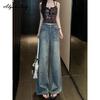 Korean Fashion Women Stylish Long Jeans High Waist Diamonds Washed Cotton Straight Jeans Feminine Modern Ladies' Denim Pants With Pockets