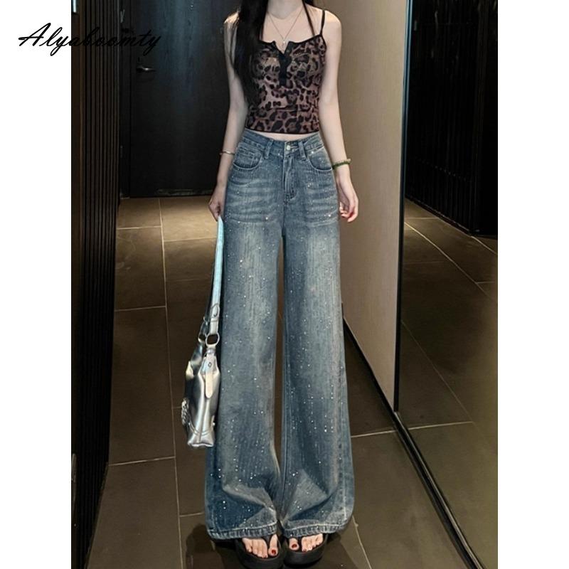Korean Fashion Women Stylish Long Jeans High Waist Diamonds Washed Cotton Straight Jeans Feminine Modern Ladies' Denim Pants With Pockets