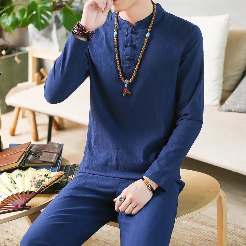 Linen Suit Men's Summer Two-piece Suit Chinese Style Men's Clothes Men's Long-sleeved T-shirt Men's Summer Cotton and Linen Loose