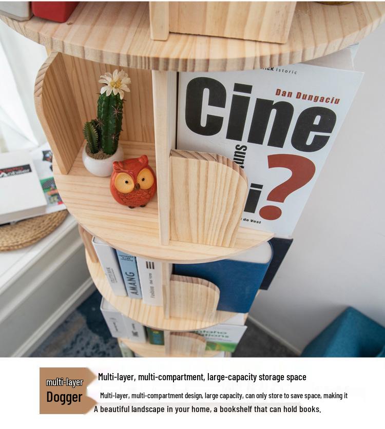 360° Rotating Children's Bookshelf: Floor-Standing, Desktop Pine Wood Storage Rack