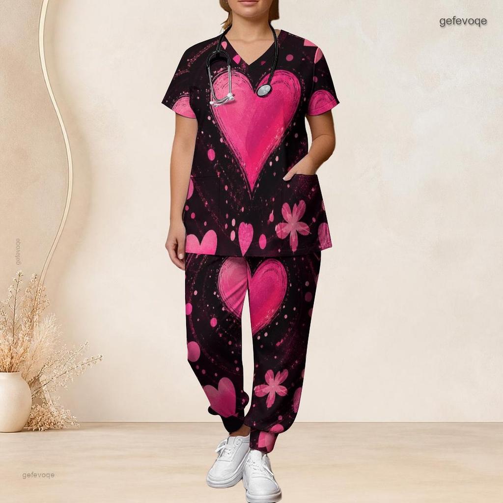 Women Plus Size V Neck Short Sleeve Scrub Set Retro American Flag Star Stripe Print Nurse Uniform Set