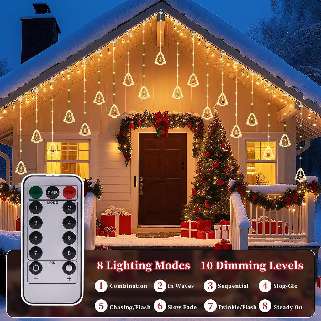 Christmas Tree Curtain Lights, Christmas Window Lights Decor with Remote,8 Lighting Modes, IP65 Waterproof, 10 Hooks Christmas Decorations Indoor