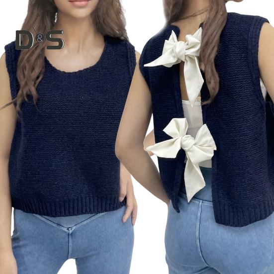 Women Knitted Vest Round Neck Sleeveless Crop Tank Bow Tie Decor Hollow Back Solid Color Short Sweater Vest