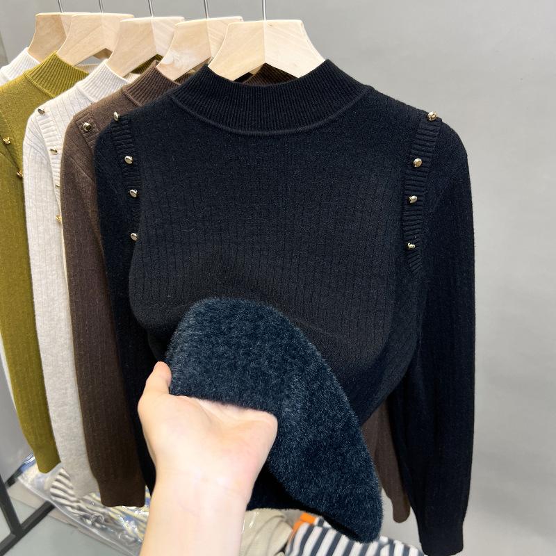 Fleece semi-turtleneck sweater women's integrated fleece thickened bottoming shirt autumn and winter new knitted sweater with top tide