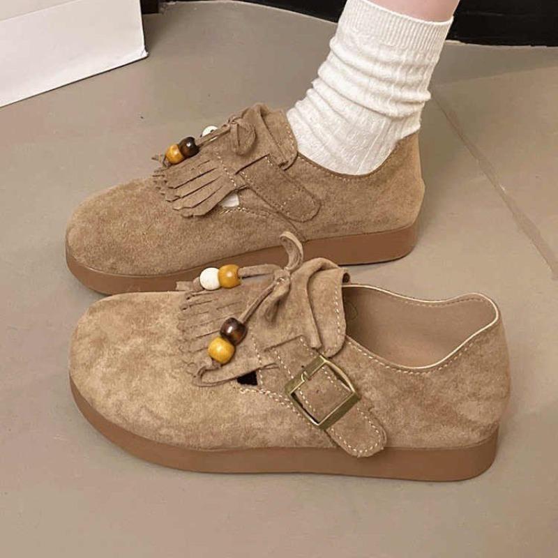 Retro Tassel Women's Fashion and Comfort Casual Beaded Bag Head Single Shoes Women's Autumn New Women's Shoes