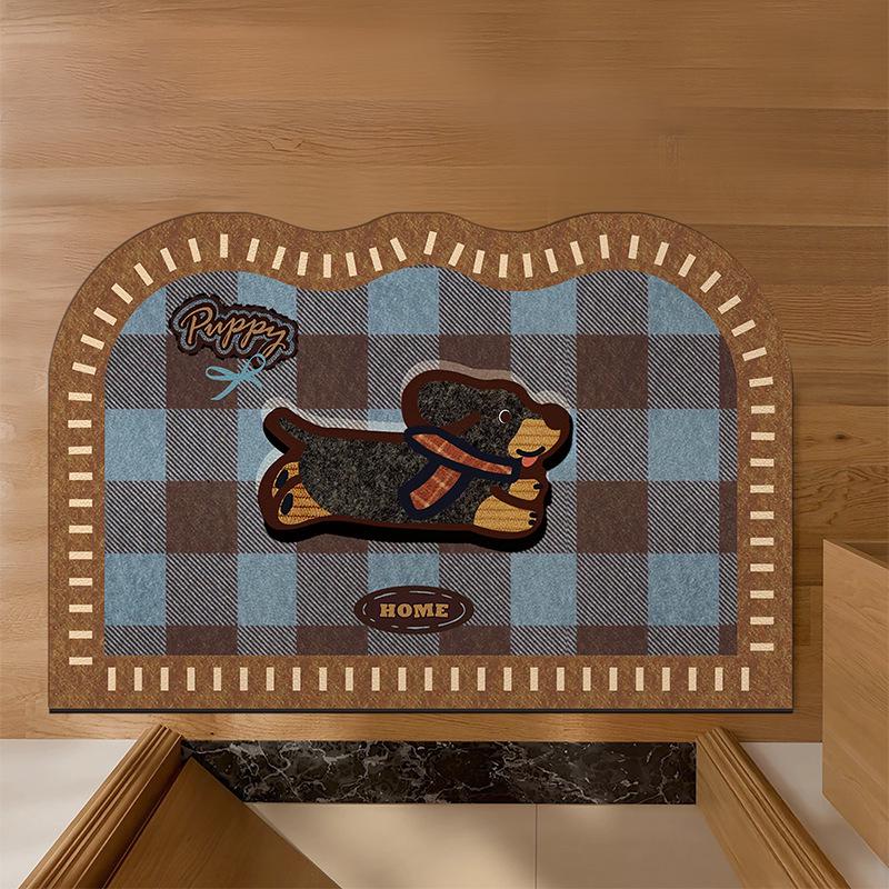 Blue-Brown Plaid Dachshund Puppy Loop Pile Door Mat – Wipeable, No-Wash, Dirt-Resistant Floor Mat 40×60 cm